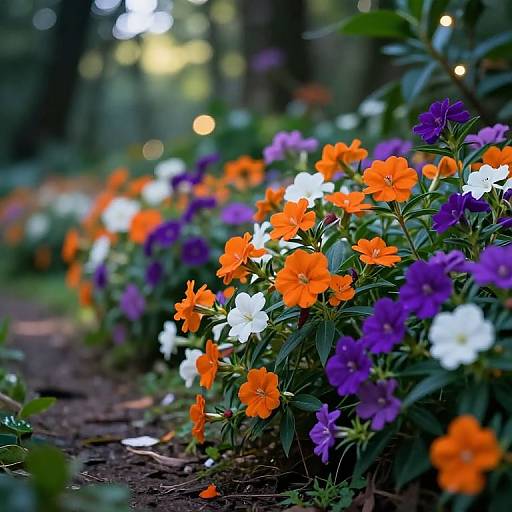 Photograph of vibrant garden flowers with orange, white, and purple blossoms, blurred forest background, sunlight filtering through trees, colorful bokeh effect.