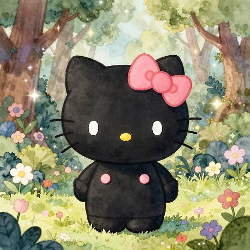 Digital illustration of a cute, black, cartoon cat with a pink bow, white eyes, and yellow nose, standing in a vibrant, sunlit forest