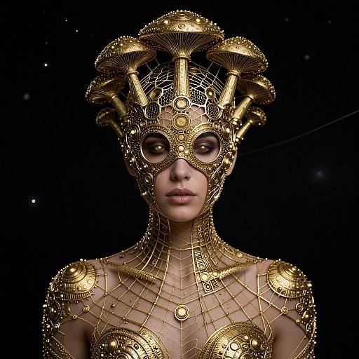 Digital art of a woman with intricate golden headpiece and armor, featuring circular eyes, against a black starry background.