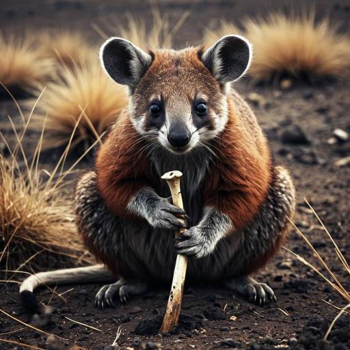 Marsupial Creature Holding Bone in Barren Landscape