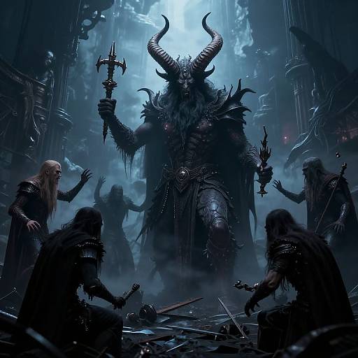 Digital art of dark, horned demon king with massive horns, holding cross, surrounded by shadowy, armored figures in a foggy, blue-l