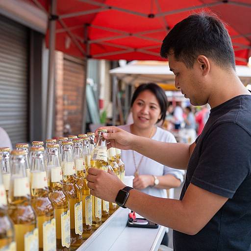 Photograph of an Asian man in a black t-shirt filling glass bottles with yellow liquid, smiling woman in white shirt in background, under red canopy.