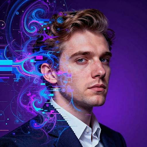 Digital portrait of a handsome, young Caucasian man with wavy brown hair, blue eyes, and fair skin, in a black suit, surrounded by vibrant