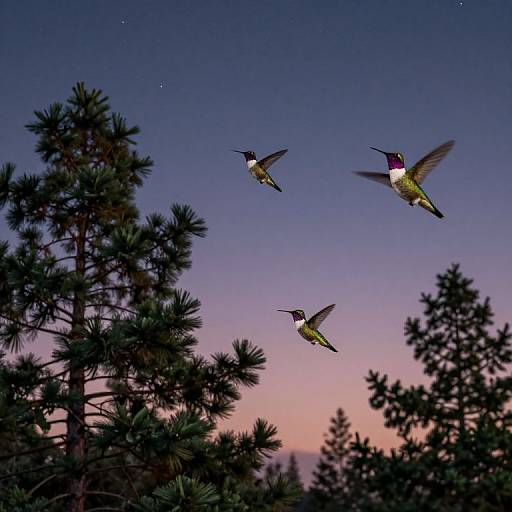 Photograph of three colorful hummingbirds in flight against a twilight sky, surrounded by silhouetted pine trees with a gradient of pink and purple hues