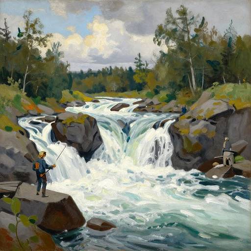 Digital painting of a fisherman standing on a rocky ledge by a rushing waterfall, surrounded by dense forest and cloudy sky.