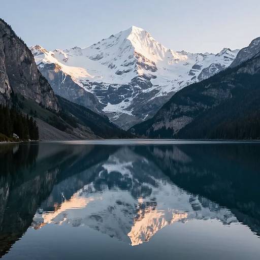 Photograph of a serene mountain lake reflecting snow-capped peaks and forested valleys under a clear, pale blue sky.