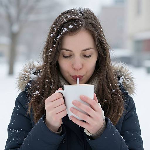 Photograph of a young woman with long brown hair, closed eyes, and red lipstick, sipping from a white mug with a straw, wearing a
