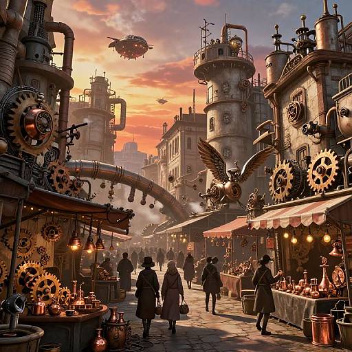 Steampunk market at sunset, featuring intricate gears, flying machines, and vintage-style buildings. Silhouetted shoppers walk past stalls under a vibrant