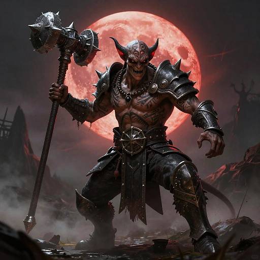Dark demon warrior with horns, spiked armor, and massive hammer, stands before a glowing red moon, in a blood-soaked, foggy battlefield.