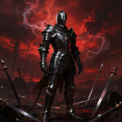 Silhouetted, armored warrior with glowing red eyes and ethereal smoke, standing amidst scattered swords under a fiery, blood-red sky. Dark,