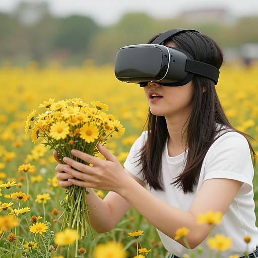 Photograph of an Asian woman with long black hair, wearing a white shirt and VR headset, holding a bouquet of yellow flowers in a vibrant, sun