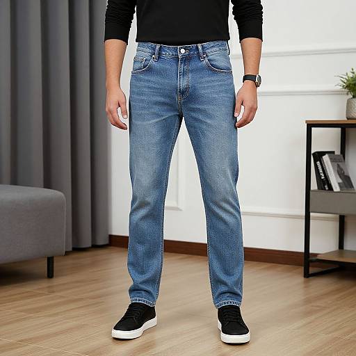 Photograph of a man's lower body wearing blue jeans, black sneakers, and a black long-sleeve shirt, standing in a modern living room
