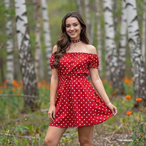 Young Woman in Red Polka Dot Dress in Birch Forest