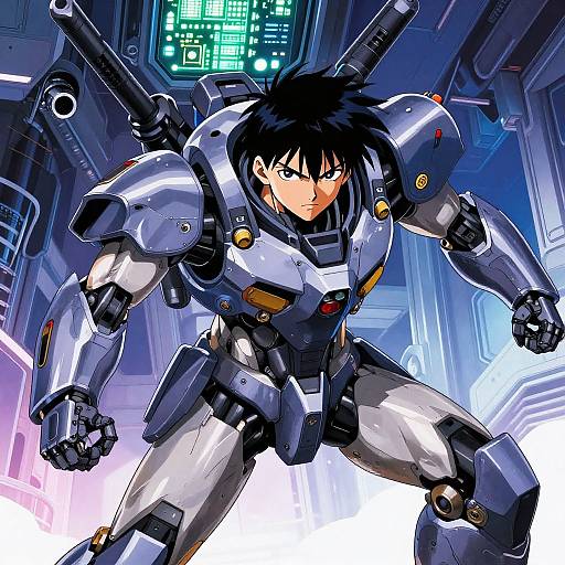 Digital anime-style illustration of a determined young man with black hair in a futuristic, armored mech suit, standing in a high-tech, neon-lit spaceship