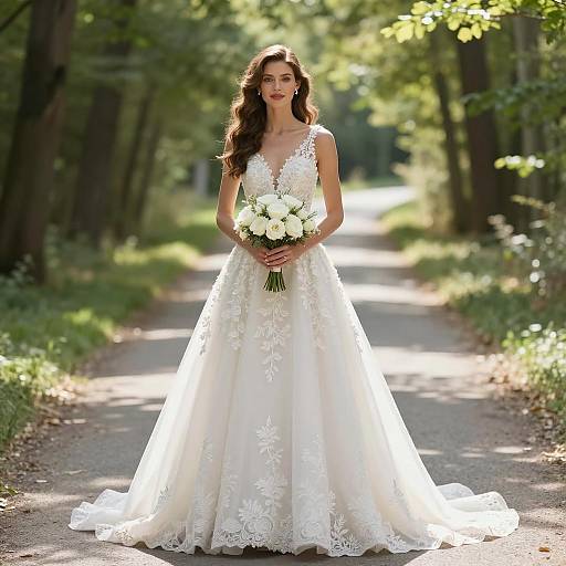 Bride in Lace V-Neck Wedding Dress Outdoors