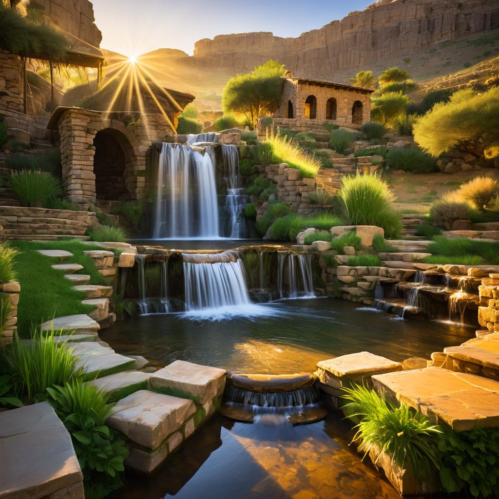 Majestic Waterfall and Ancient Well at Sunset