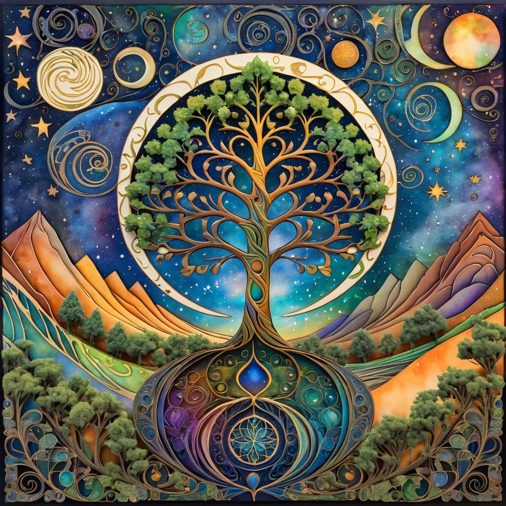 Stylized Tree of Life with Cosmic Elements