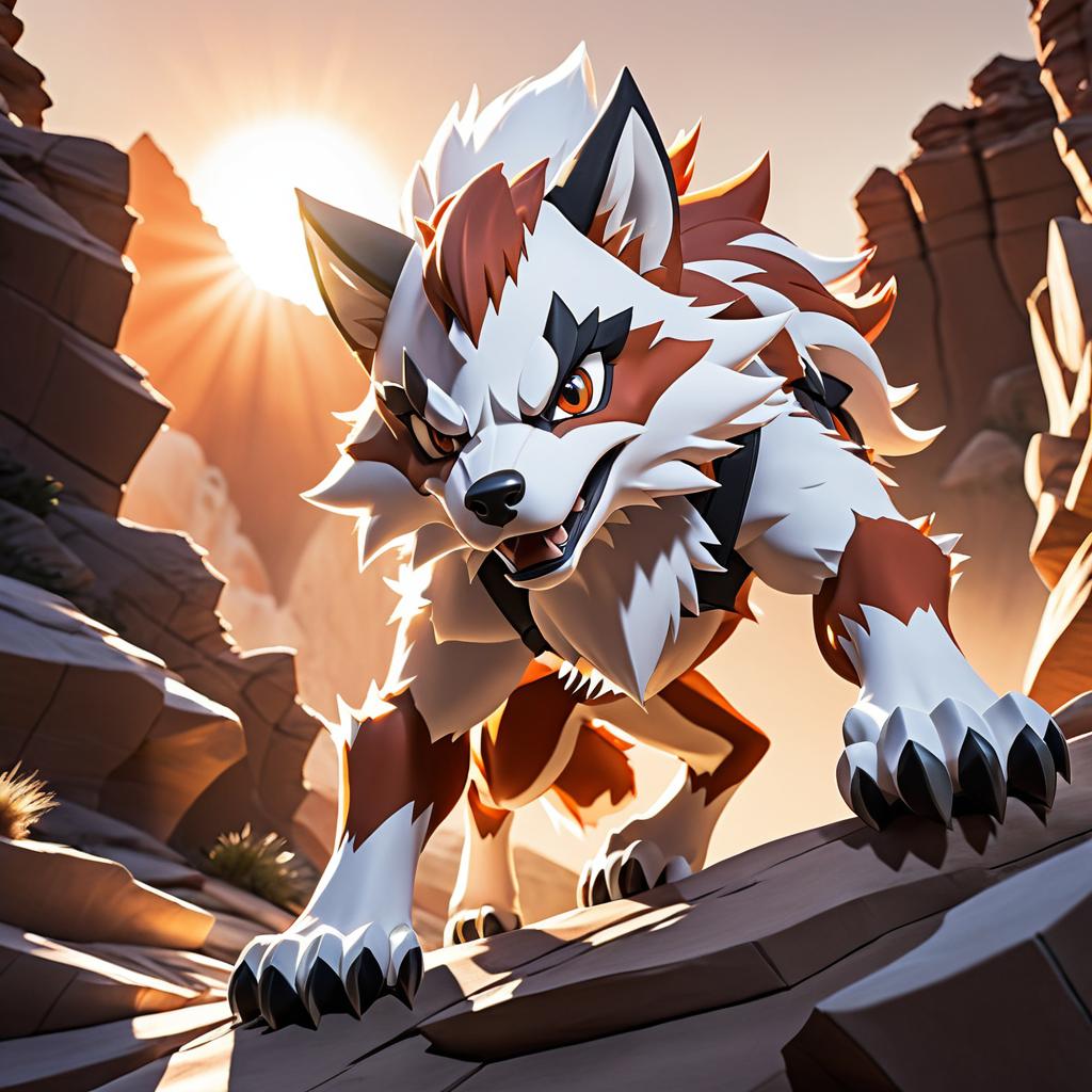 Dynamic Lycanroc in Rocky Dawn Terrain