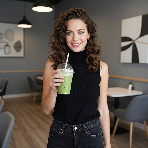 Photograph of a smiling woman with wavy brown hair, wearing a black sleeveless turtleneck and dark jeans, holding a green smoothie in