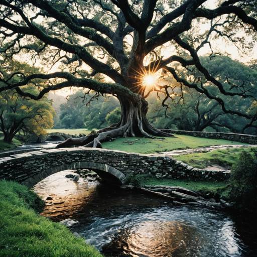 Ancient Oaks Over Stone Bridge at Sunrise Ancient Oaks Over Stone Bridge at Sunrise