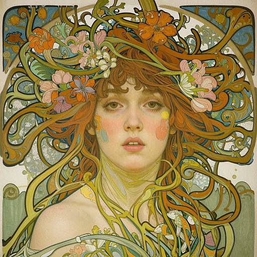 Digital artwork of a fair-skinned woman with flowing, red hair adorned with colorful flowers, surrounded by intricate, swirling vines and leaves.