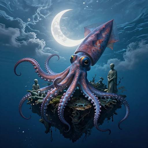 Digital fantasy artwork: Giant octopus with glowing eyes, purple skin, and curled tentacles stands on a rocky island under a crescent moon, with
