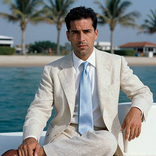 Photograph of a handsome man with dark hair, wearing a white suit and light blue tie, sitting on a boat, with palm trees and a beach