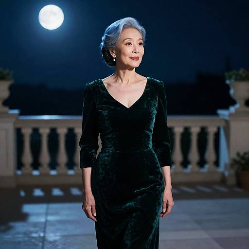 Moonlit Statuesque Woman in Emerald Gown
