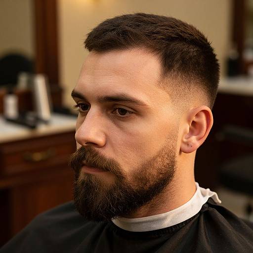 Photograph of a bearded Caucasian man with short, dark hair and a trimmed beard, wearing a black barber cape, in a dimly lit bar