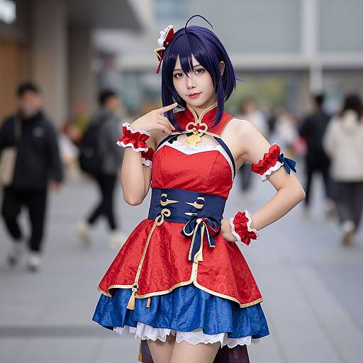 Photograph of an Asian woman in a colorful red and blue anime-style dress, with black bob hair, posing confidently in a busy urban street. Bl
