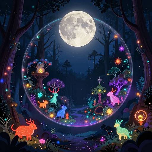 Digital illustration of a magical forest at night with a glowing full moon. Colorful, neon deer and trees surround a circular frame, illuminated by fairy lights