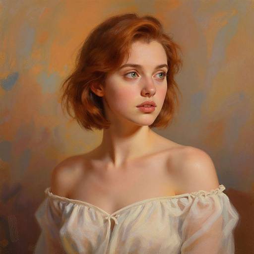 Digital painting of a fair-skinned, red-haired woman with green eyes, wearing an off-shoulder white blouse, against an abstract orange and brown