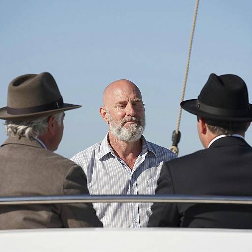 Three Men on a Boat in Blue Sky