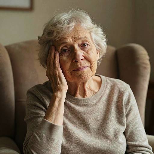 Photograph of an elderly woman with short gray hair, wearing a beige sweater, sitting in a brown armchair, gently touching her cheek with a thoughtful