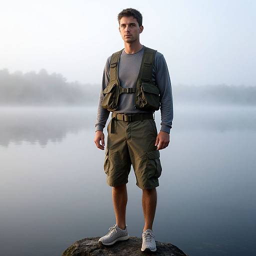 Photograph of a serious-looking man with short dark hair, wearing a gray long-sleeve shirt, olive cargo shorts, and white sneakers, standing