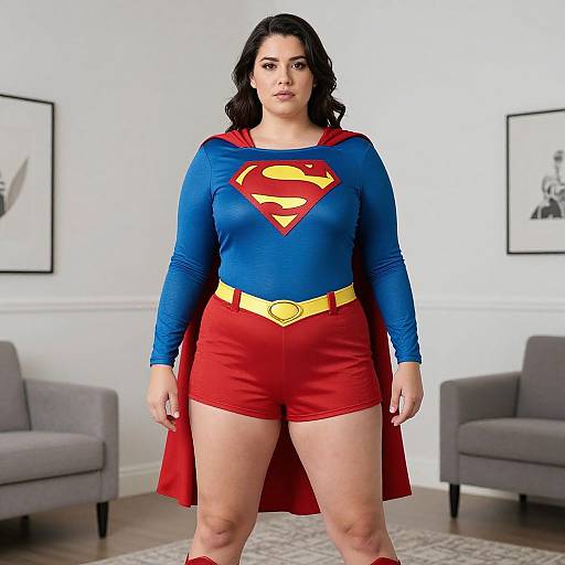 Photograph of a plus-sized woman with dark hair, wearing a blue Superman top, red shorts, yellow belt, and red cape, standing in a