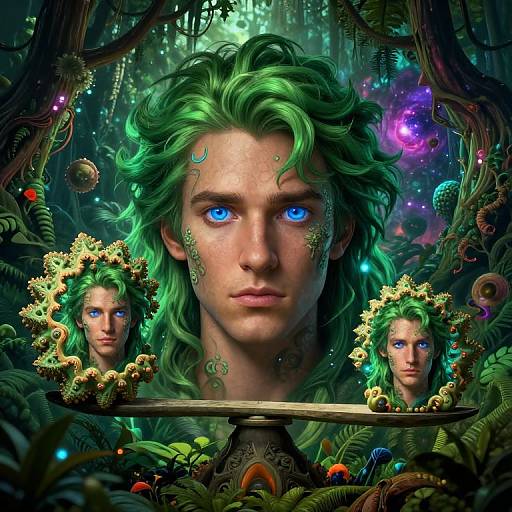 Digital fantasy artwork of a green-haired, blue-eyed, mystical forest figure with floral crowns, surrounded by lush vines and colorful lights.