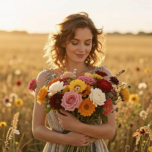 Photograph of a smiling, curly-haired woman in a striped dress, holding a vibrant bouquet of flowers in a sunlit field.