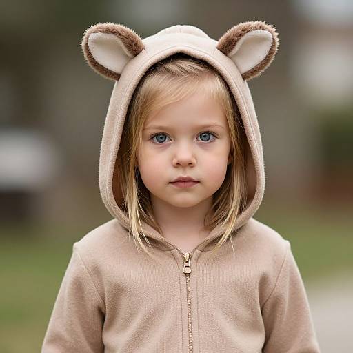Photograph of a young blonde girl with blue eyes, wearing a beige bear-eared hooded sweatshirt, standing outdoors with a blurred green and brown