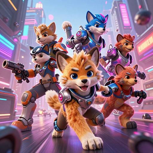 Digital art of five anthropomorphic foxes with guns, in futuristic neon city, wearing armored vests, in dynamic action pose, front fox leads.
