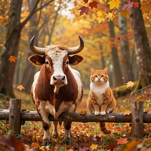 Photograph of a brown and white cow with large horns standing beside an orange tabby cat on a wooden fence in an autumn forest, with colorful leaves