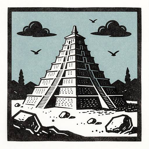 Primitive Lino Cut Ziggurat Illustration
