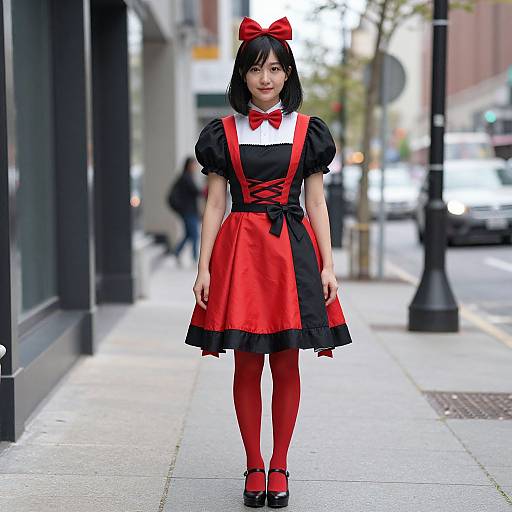 Asian woman in black puffy-sleeve dress, red apron, red tights, and black shoes with red bow, standing on city sidewalk