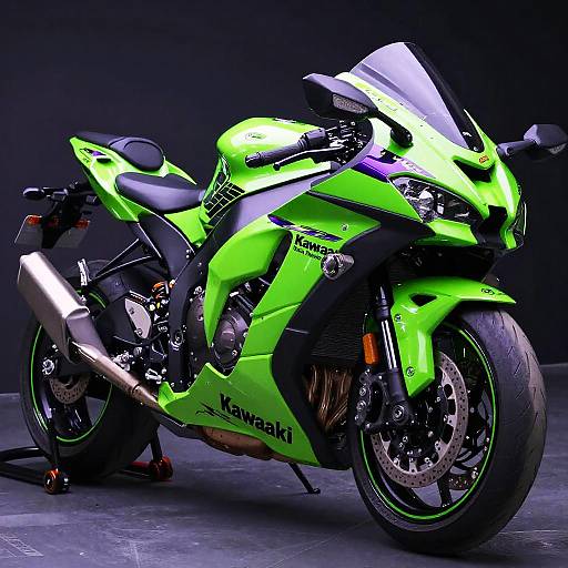 Photograph of a vivid green Kawasaki racing motorcycle with black and white accents, highlighted in dramatic lighting, against a dark background.