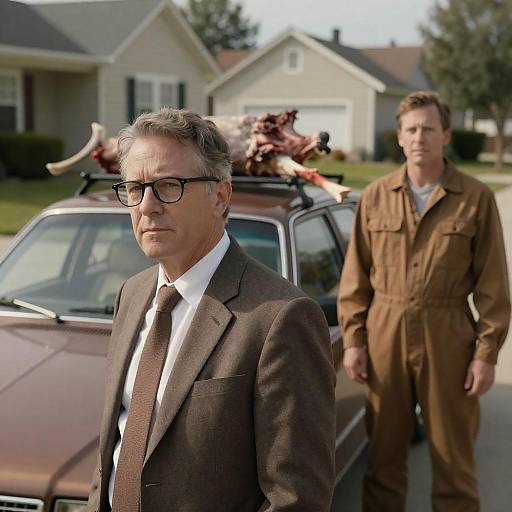 Two Men in Suburban Neighborhood with Deer Carcass on Car Roof
