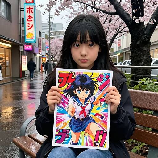 Photograph of a Japanese teenage girl with long black hair, wearing a black coat, sitting on a bench, holding a colorful anime poster of a blue