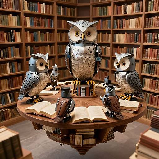 Photograph of three detailed, LEGO-style owls perched on a round wooden table in a library, surrounded by bookshelves, with open books