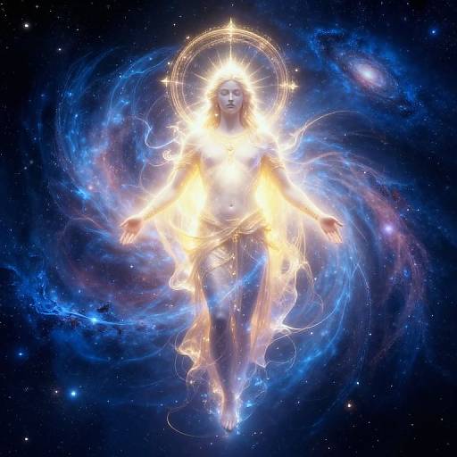 Digital artwork of a glowing, ethereal woman with a radiant halo, floating in a cosmic blue nebula, surrounded by swirling light and stars.