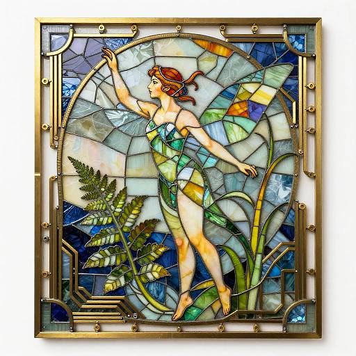 Art Nouveau Stained-Glass Dryad with Brass Circuitry