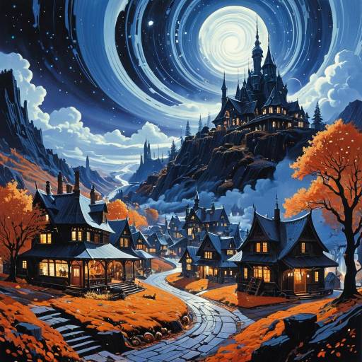 Enchanted Autumn Village Under a Swirling Galaxy